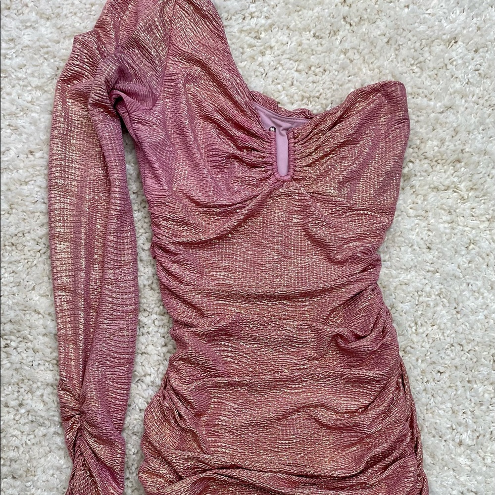 Pink / gold mini one shoulder cocktail dress